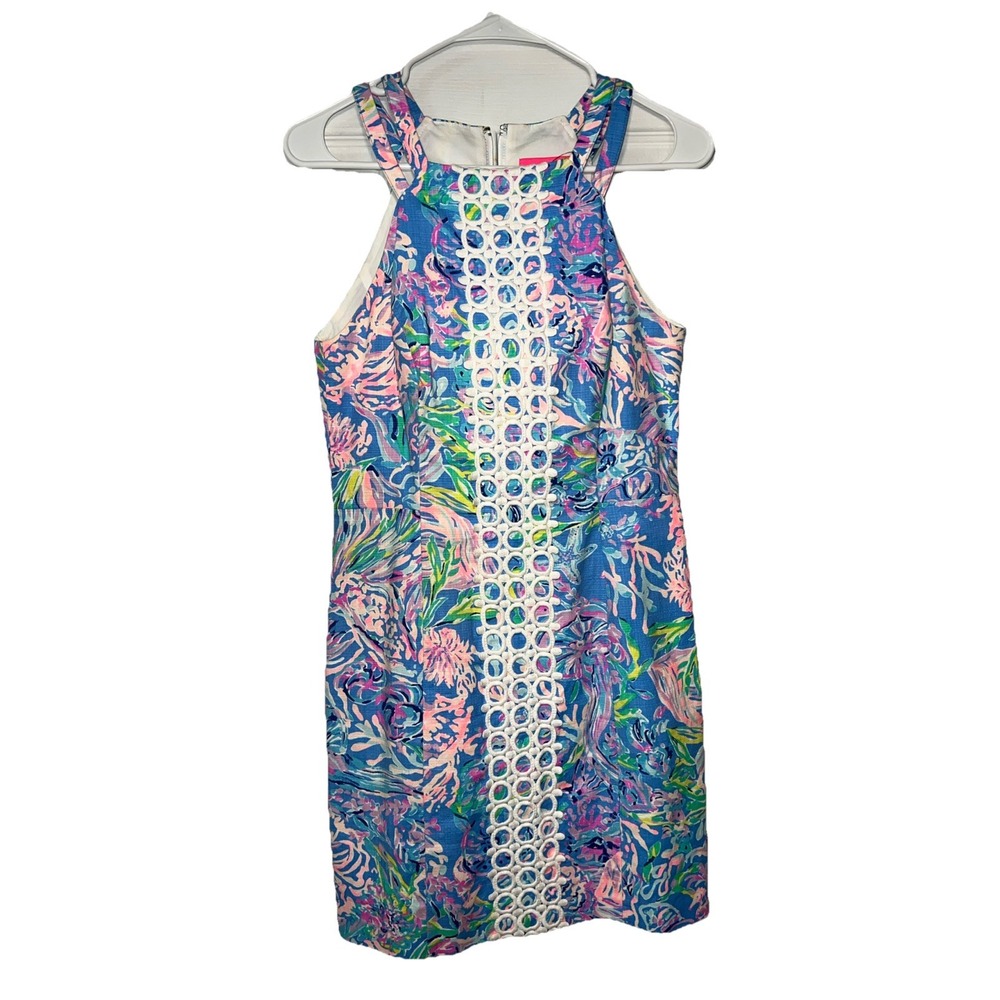 LILLY PULITZER Pearl Stretch Shift Lace DRESS Multi All Together Now SZ 4 flower
